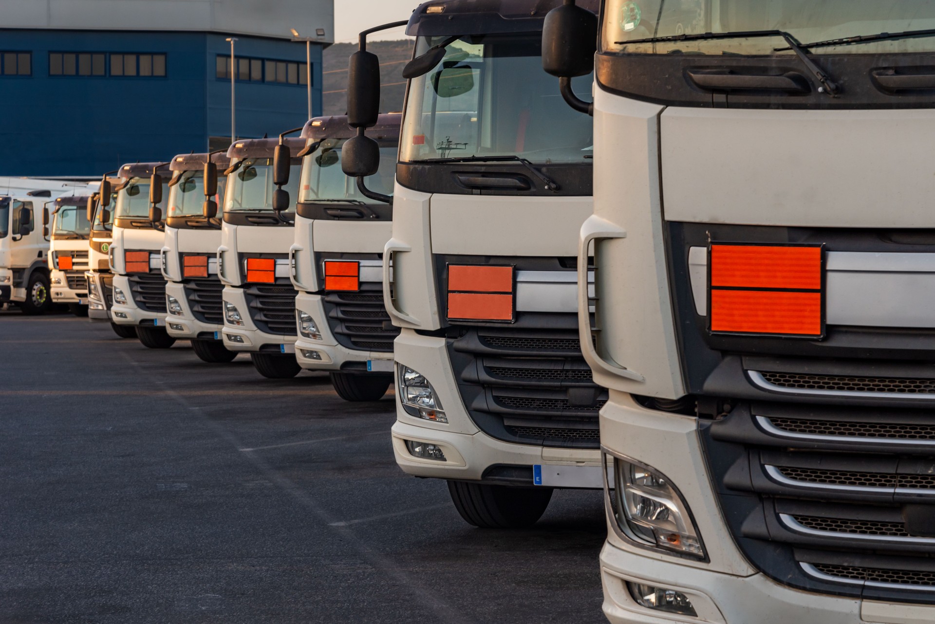 Fleet of trucks dedicated to the transport of dangerous goods parked in a line, with orange plates identifying ADR transport.